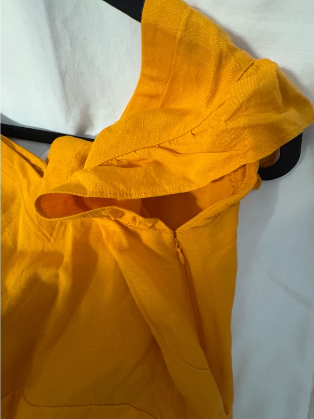 LOFT Linen Blend Mustard Yellow Midi Dress Sz 6 Ruffle Sleeve V-Neck w/ pockets! - Picture 8 of 10